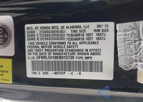 2014 Honda Odyssey Touring/Touring Elite from USA, damaged, VIN 5FNRL5H98EB015739